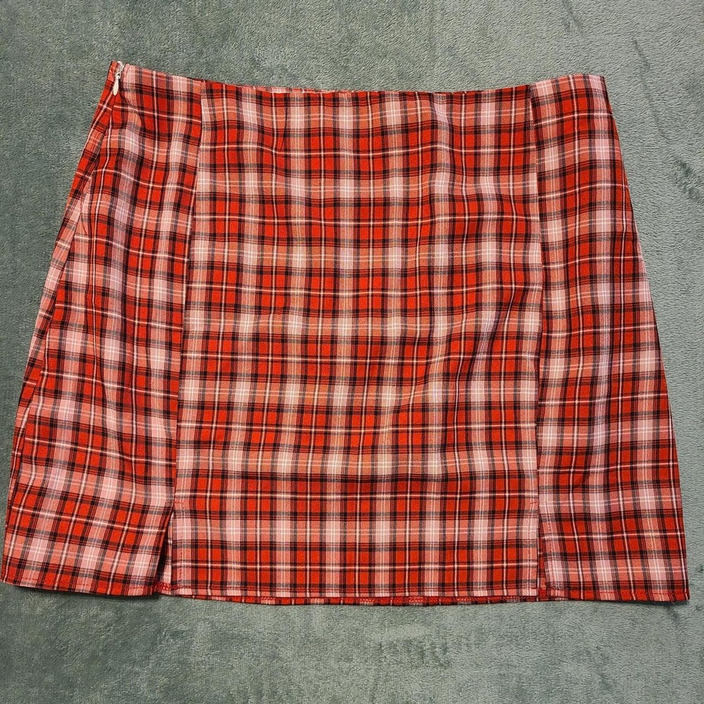 Romwe Red Plaid Mini Skirt Schoolgirl Y2K  Slit Large